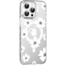 Fuchsia iPhone 15 Pro Max ile Uyumlu Floral Kablosuz Şarj Özellikli Kapak - Beyaz