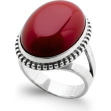 Oya Silver Iri Oval Doğal Kök Mercan Taşlı Kadın Gümüş Yüzük [OYSY041]