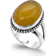 Oya Silver Iri Oval Doğal Sarı Akik Taşlı Kadın Gümüş Yüzük [OYSY040]