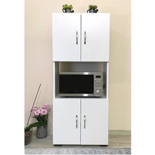 Wishora Store Mobilya 4 Kapaklı Orta Bölmeli Çok Amaçlı Beyaz Mikrodalga Fırın Dolabı, Mini Fırın Mutfak Dolabı