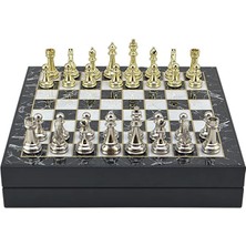 Wishora Store Büyük Boy Metal Klasik Satranç Tk. Parlak ve Mermer Desenli Sandıklı Mdf TAHTASI(36X36X6 Cm.)