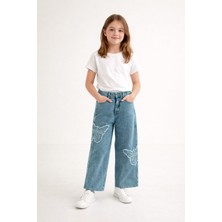 FullaModa Beli Ayarlanabilir Kelebek Nakışlı Taşlı Kız Çocuk Palazzo Pantolon