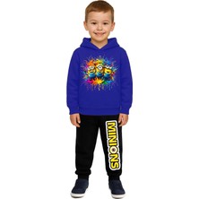 Sedirli Mınıons Baskılı Çocuk Eşofman Takımı 3 Iplik Şardonlu Pamuklu Kumaş Kapüşonlu