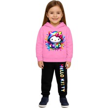 Sedirli Hello Kity Baskılı Çocuk Eşofman Takımı 3 Iplik Şardonlu Pamuklu Kumaş Kapüşonlu