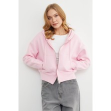 FullaModa Basic Fermuarlı Kapüşonlu Crop Sweatshirt