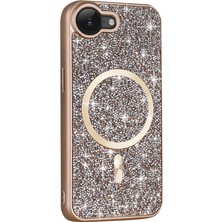 Alpsa Teknoloji iPhone 16E Kılıf Pırlanta Tasarımlı M-Safe Şarj Özellikli Alps Mozaik Silikon Kapak - Desert Titanyu