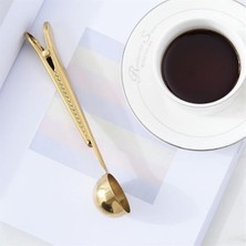 Asel Aksesuarcı Mandallı Kahve Ölçü Kaşığı Gold Çok Fonksiyonlu Paslanmaz Çelik Kaşık