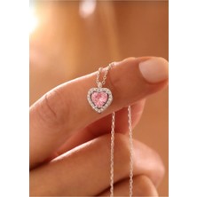 Çekirdek Jewelry 925 Ayar Gümüş Pembe Taşlı Kalplı Kolye