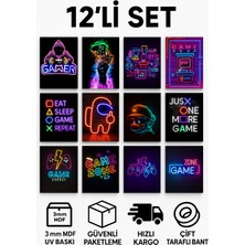 Exin 12'li Gamer Neon Ahşap Poster Seti 15X20 cm | Oyun Odası Duvar Dekoru