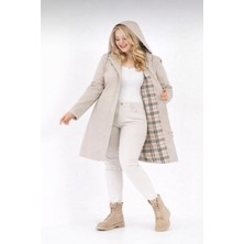 TUTveAL Collection Kadın Suya Dayanıklı Büyük Beden Trençkot Uzun Kapüşonlu Trençkot Bonded Kumaş Içi Ekoseli Trençkot