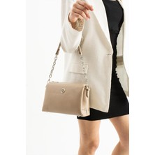 Asel Çanta , 5 Gözlü ,içi Astarlı ,açık vizon parlak deri bayan Kol ve Bayan Çapraz Çantası