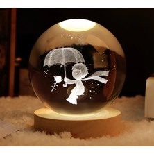 Pazarcan Dekoratif Küçük Prens Tasarımlı Ahşap Altlıklı Işıklı Cam Küre Büyük Boy Cam:8cm Ahşap:2cm