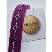 Mosso Steel Gümüş Siyah Mor Renk Camlı Yonca Model Çelik Bileklik