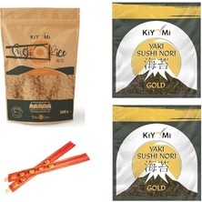 Wishora Store Suşi Pirinci + Doğal Sushi Nori Set | 2 Adet Sushi Pirinci 500 Gr, 5 Yaprak Kiyomi Yaki Sushi Nori Gold Kurutulmuş Deniz Yosunu, 2 Çift 21 cm Bambu Chopstick