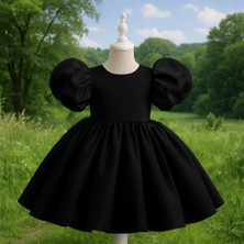 Musgem Özel Tasarım Siyah Renk Balon Kol Fiyonk Detaylı Kız Çocuk Abiye Elbise