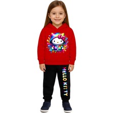 Sedirli Hello Kity Baskılı Çocuk Eşofman Takımı 3 Iplik Şardonlu Pamuklu Kumaş Kapüşonlu