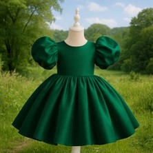 Musgem Özel Tasarım Zümrüt Yeşili Renk Balon Kol Fiyonk Detaylı Kız Çocuk Abiye Elbise