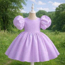 Musgem Özel Tasarım Lila Renk Balon Kol Fiyonk Detaylı Kız Çocuk Abiye Elbise