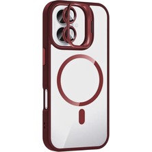 Fuchsia iPhone 16 Plus ile Uyumlu Remim Lensli Kablosuz Şarj Özellikli Standlı Kapak - Bordo