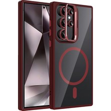 Fuchsia Samsung Galaxy S25 Ultra ile Uyumlu Remim Lensli Kablosuz Şarj Özellikli Standlı Kapak - Bordo