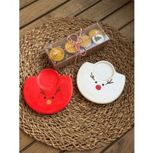 Kırmızı Beyaz Geyik Temalı Tealight Altlığı ve 4'lü Doğal Balmumu Tealight Set