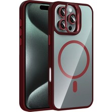 Fuchsia iPhone 16 Pro ile Uyumlu Remim Lensli Kablosuz Şarj Özellikli Standlı Kapak - Bordo