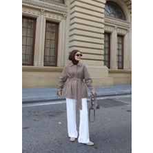 Moda Aksa Kemerli Polevsikon Ceket Trenç Vizon