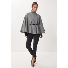 Happiness İstanbul Kemerli Düğmeli Kaşe Panço LGP0026 Gri