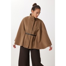 Happiness İstanbul Kemerli Düğmeli Kaşe Panço LGP0026 Sütlü Kahve