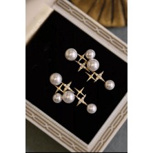 Design 4N Kadın Zirkon Taşlı Incili Çoklu Yıldız Gold Küpe