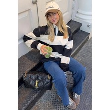 Madmext Beyaz Çizgili Düğmeli Polo Yaka Kadın Uzun Kollu Tişört  MG2586