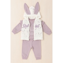 Selvira %100 Pamuklu 3’lü Bebek Takım | Nakışlı Sweat, Pantolon ve Kapüşonlu Yelek