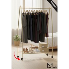 Metaliz Tekerli Metal Elbise Askılığı Taşınabilir ve Dayanıklı Raflı Giysi Standı Kıyafet Organizeri GOLD