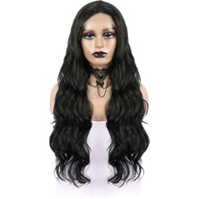 Siyah Uzun Dalgalı  Fiber Sentetik Tül Peruk