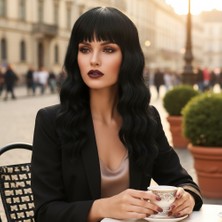 Dalgalı Kısa Perçemli Fiber Sentetik Peruk / Siyah