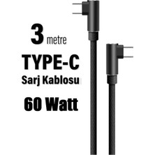 Elixem TypeC Uyumlu USB-C 60W Data ve Şarj Kablosu Hasır L Tipi 3 Metre