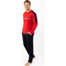 Erkek Pamuklu Pijama Takımı Kırmızı Renk Uzun Kollu Rahat Kalıp Esnek Kumaş C2T1N05