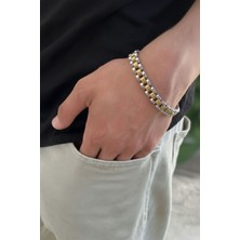Aslı Kiraz Jewerly 316L Kordon Paslanmaz Çelik Gold Detaylı Erkek Bileklik Gümüş-Gold 316-L-CLK-ERK-BLKLK-GMS-GLD