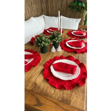 Decamor Home 6 Adet Leke Tutmaz Kırmızı Fırfırlı Yuvarlak Amerikan Servis Supla (Peçetesiz)