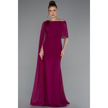 Abiyefon Pelerinli Tek Omuz Uzun Şifon Abiye Elbise ABU5418