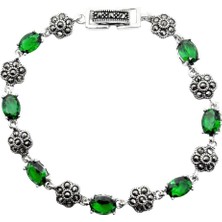 Oya Silver Markazit ve Zümrüt Taş Detaylı Gümüş Çiçek Kadın Bileklik