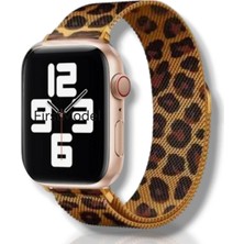FirstModel Apple Watch 38 mm / 40 mm / 41 mm (Seriler 1 ile 9 /se ile Uyumlu) Milanes Loop Mıknatıslı Hasır Metal Kordon Leopar