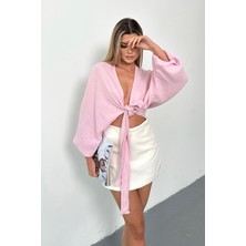 Kadın Yarasa Kol Bağlamalı Pamuklu Hırka Pembe - 26Y 1049