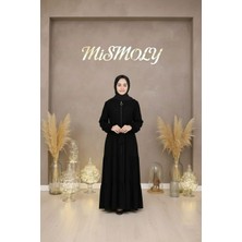 Mismoly Medine Ipeği Katkat Büzgülü Kuşaklı Çocuk Ferace Siyah