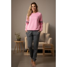 Kadın Uzun Kol Pijama Takımı Pembe-Gri Pamuklu Likralı Rahat Kalıp Esnek Kumaş C5T1N07