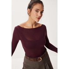 Happiness İstanbul Kayık Yaka Transparan Örme Bluz LBY0033 Mürdüm