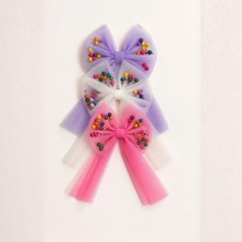 Bym Style Kız Çocuk Toka Renkli Boncuklu Tül Fiyonk Lastikli Toka 3 'lü Set