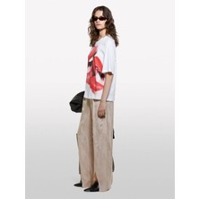 Sisley %100 Pamuk Önü Baskılı Kısa Kollu Bisiklet Yaka T-Shirt Kadın Kırık Beyaz T-Shirt - 324A3I1XL105P