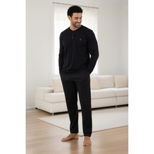 Erkek Uzun Kol Yarım Düğmeli Siyah Pamuklu Likralı Pijama Takımı Rahat Kalıp Esnek Kumaş C8T0N05