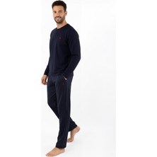 Erkek Uzun Kol Yarım Düğmeli Lacivert Pamuklu Likralı Pijama Takımı Rahat Kalıp Esnek Kumaş C8T0N05